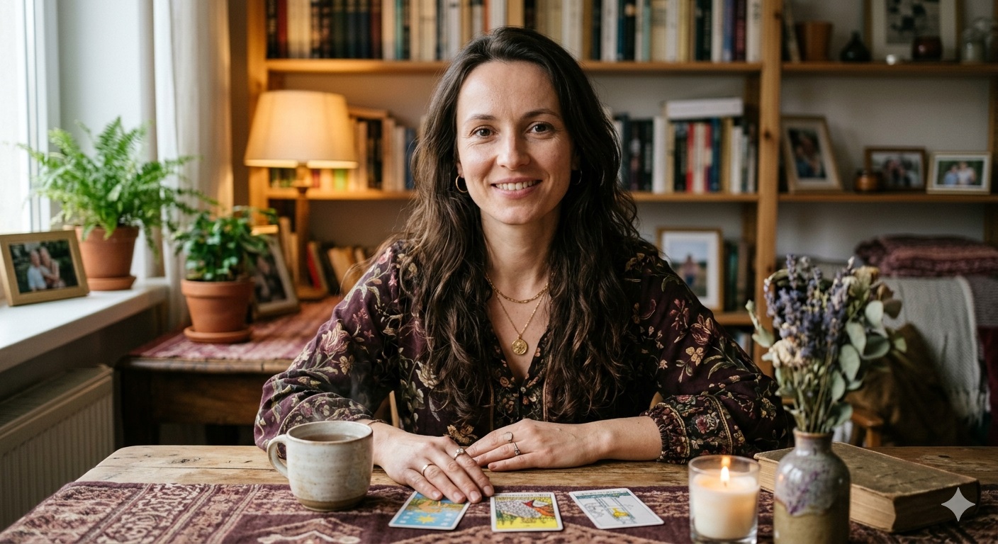 Wróżka Melisa przy stole z kartami tarota, świecą i lawendą
